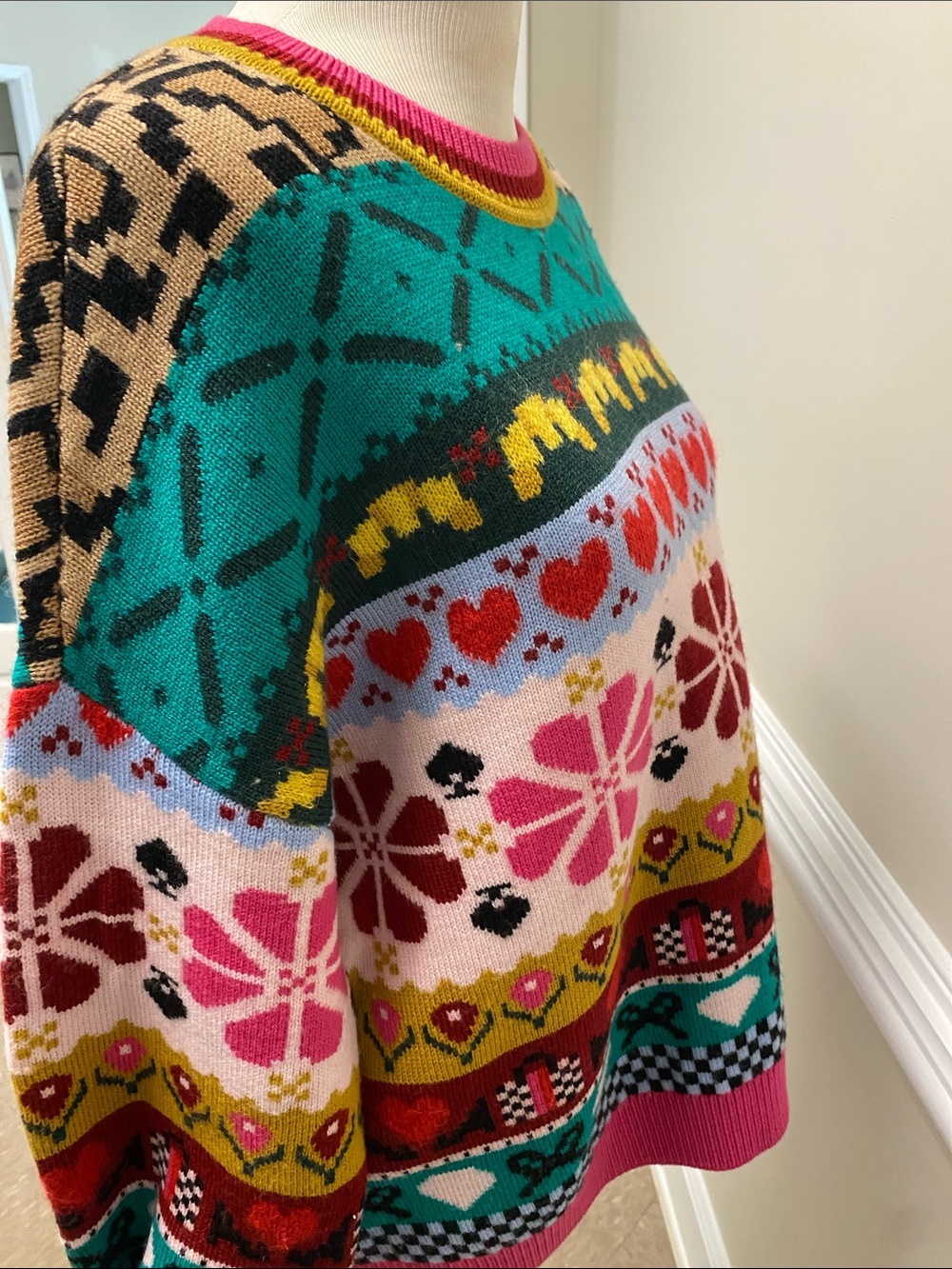 kate spade Multicolor Floral & Heart Crewneck Sweater - Teal/Pink/Red/Yellow - Picture 9 of 11
